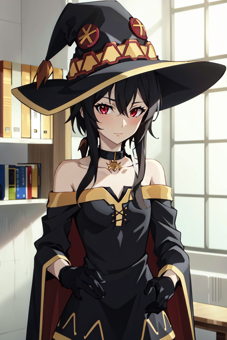 3978522909-420976075-nier anime style, anime screencap, megumin, 1girl, bare shoulders, black cape, black gloves, black hair, blush, cape, choker, co.png